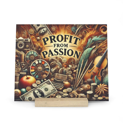 Square poster with a chaotic collage of coins, bills, a violin, paint palette, brushes, and autumn objects around the words "Profit from