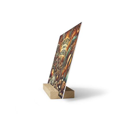Colorful poster featuring a collage of instruments and artwork, propped on a light wooden wedge stand.