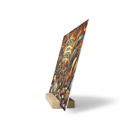 A vertical printed poster on a light wood easel stand, featuring a collage of instruments and the words “Profit From Passion.”