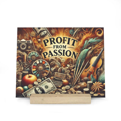 Colorful square poster reading "PROFIT FROM PASSION" surrounded by coins, dollar bills, a violin, and assorted art supplies.