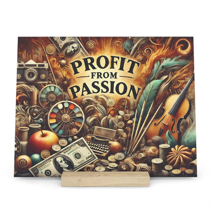 Colorful collage poster with the words PROFIT FROM PASSION, showing a violin, paint palette, money, coins, camera, apple, and feather quill.