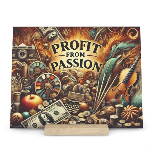 Colorful collage poster with the words PROFIT FROM PASSION, showing a violin, paint palette, money, coins, camera, apple, and feather quill.