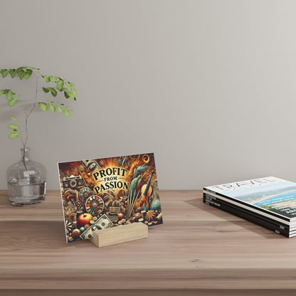 Colorful "Profit From Passion" card on a small wooden stand sits on a light wood desk beside a glass vase with green leaves and a stack of