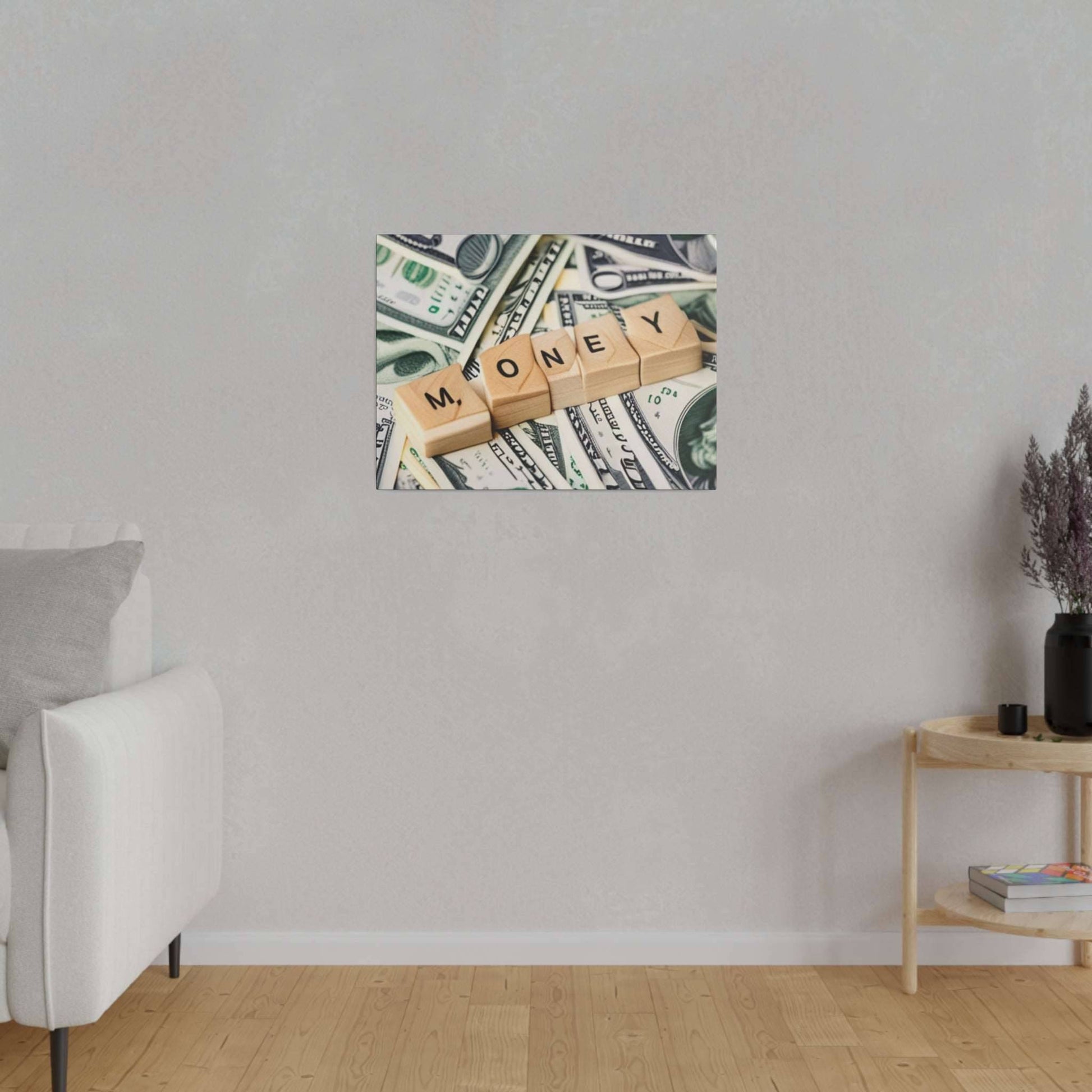 Canvas wall art showing wooden letter blocks spelling MONEY placed over scattered U.S. dollar bills.