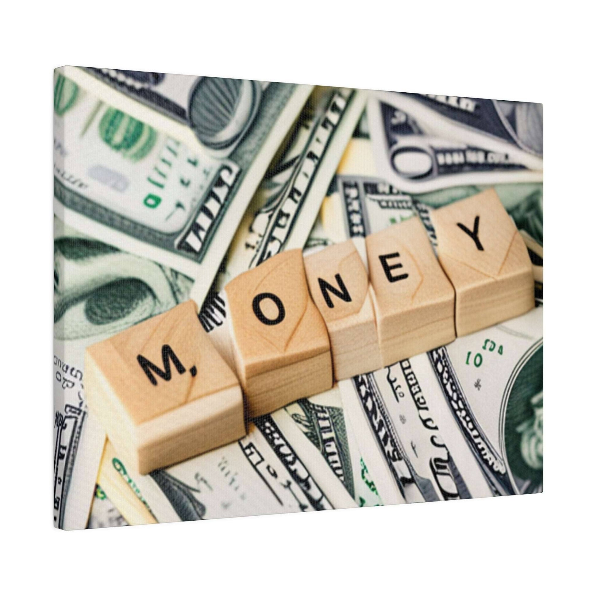 A close-up of light wooden letter blocks forming the word MONEY atop scattered U.S. dollar bills.