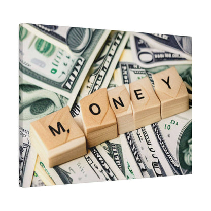 A close-up of light wooden letter blocks forming the word MONEY atop scattered U.S. dollar bills.