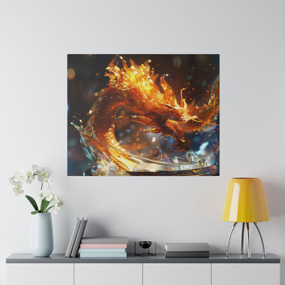 Square wall art print of an orange fire-breathing dragon with flames, mounted on a white wall above a cabinet.