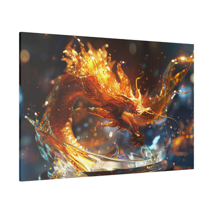 Orange flame dragon figure rising from a glass bowl, with sparks and a blue‑tinted, blurred background.