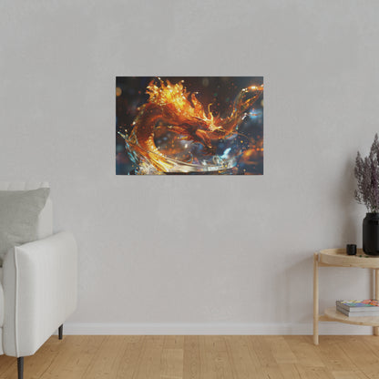 Rectangular wall art print of a fiery orange dragon with blue and gold swirls on a gray living-room wall.