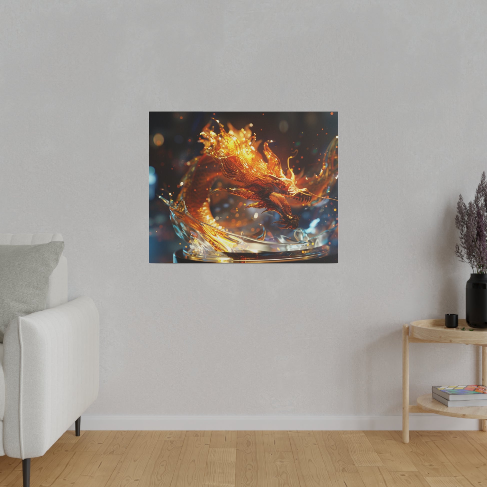 Framed wall art showing an orange fire-dragon sculpture arising from a glass pedestal with glowing sparks.