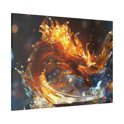 Golden flame dragon rising from a glassy water splash, with blurred colorful bokeh in the background.