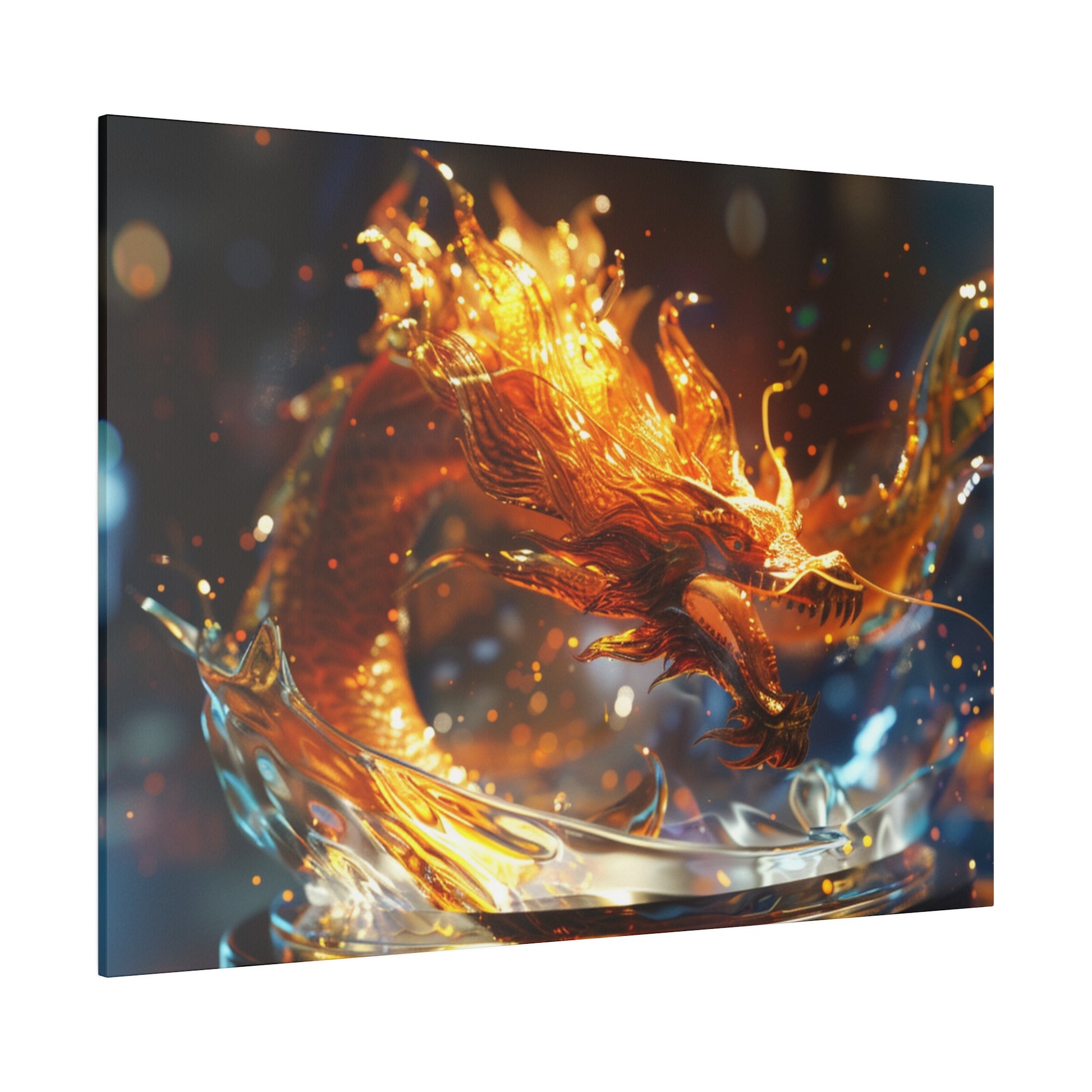 Orange and gold dragon sculpture with translucent, flame-like wings perched inside a curved glass display.