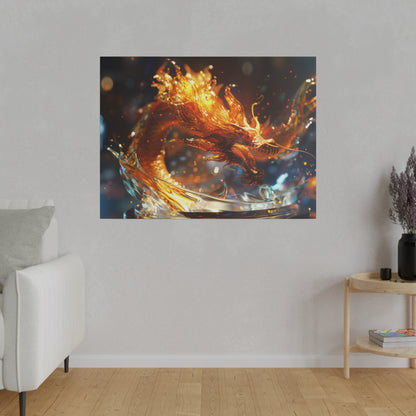 Orange fiery dragon art piece mounted on a gray wall, showing flames and a glassy splash.