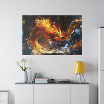 Fiery orange dragon artwork mounted on a white wall above a cabinet with a yellow lamp, white vase of orchids, and books.
