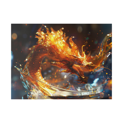 Orange glass dragon sculpture with fiery, translucent wings leaping above a clear glass display.