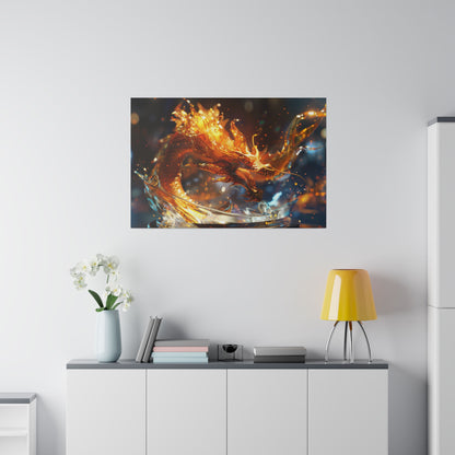 Fiery orange dragon artwork mounted on a wall above a white sideboard with a yellow lamp and vase.