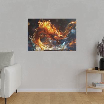 Horizontal rectangular art print of a fiery orange dragon roaring over glassy water, mounted on a light grey wall.