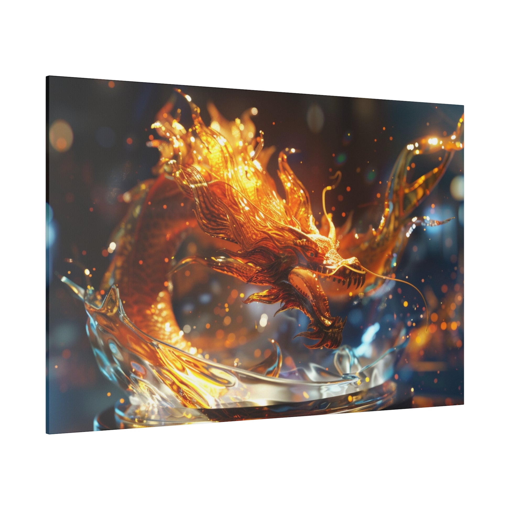 Orange dragon sculpture formed from fiery liquid rising from a glass bowl against a dark, blurred background.