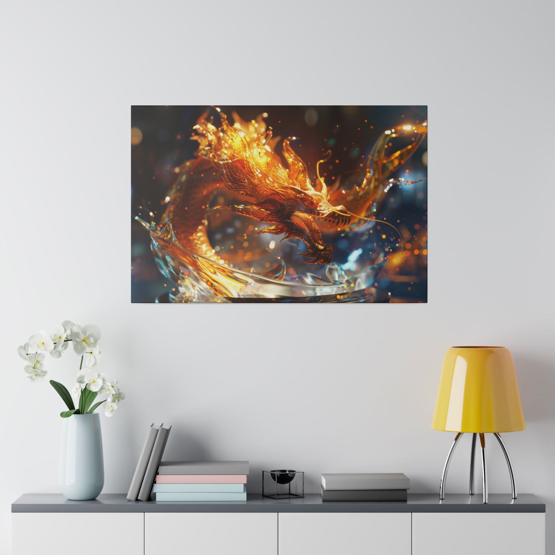 A wall-mounted canvas print of a fiery orange dragon with flames and sparks against a dark background.