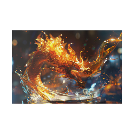 Golden dragon sculpture with translucent orange wings, perched over a clear glass dish against a dark, bokeh-lit background.