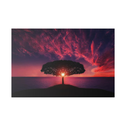 Silhouette of a lone tree on a small hill by the sea at sunset, with the sun framed by the trunk.