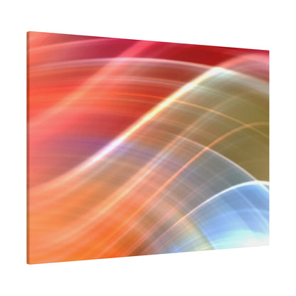 Abstract close-up image of curved, multicolored light streaks in red, orange, yellow, and blue on a canvas wall art.