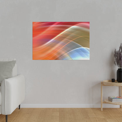 Abstract artwork with red, orange, and blue curved light streaks mounted on a gray wall.