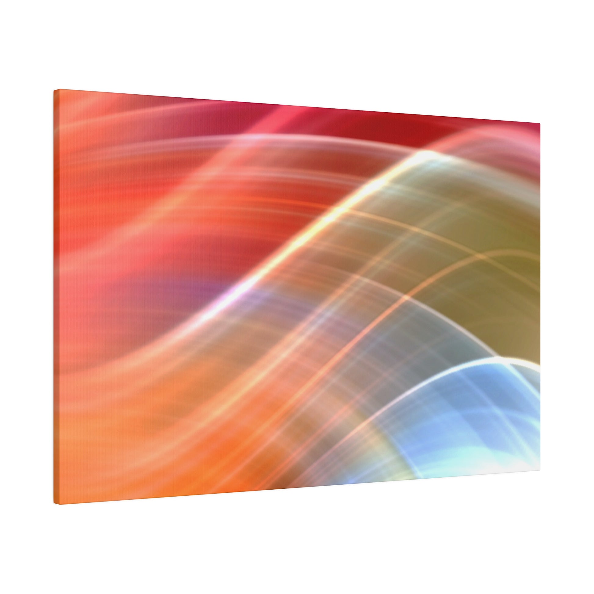 Abstract close-up of overlapping curved light trails in orange, red, pink, yellow, and blue on a glossy canvas.
