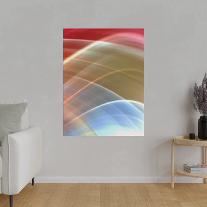 Abstract vertical wall art print featuring multicolored curved light trails from red to blue.