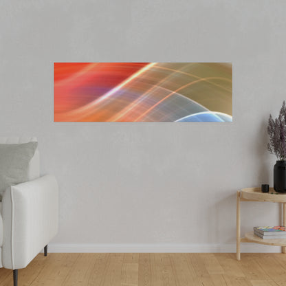Rectangular abstract wall art with orange, blue, and white sweeping curved lines on a light gray wall.