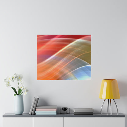 Abstract square painting with red, orange, blue curved bands hanging on a light gray wall above a console with a white orchid vase,