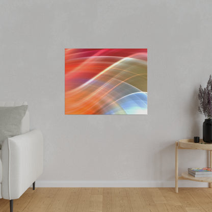Abstract wall art featuring multicolored curved light trails in red, orange, yellow, and blue.