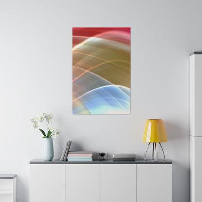 Vertical abstract poster with multicolor light arcs hangs above a white cabinet, beside a yellow lamp and white orchid vase.