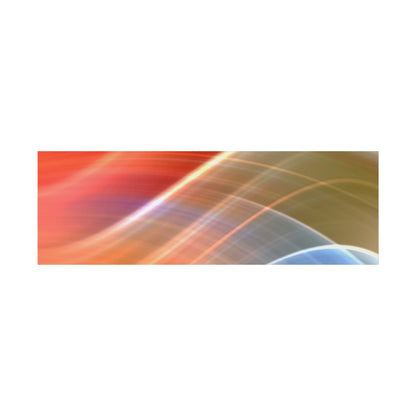 Abstract digital artwork with orange, red, blue, and yellow curved light streaks across a gradient background.