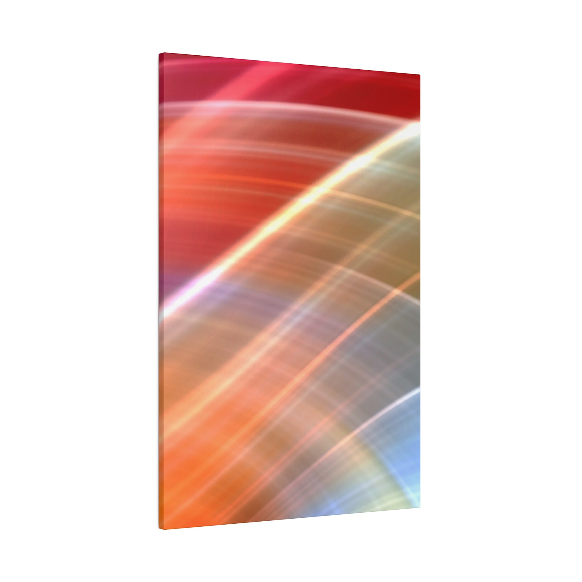 Vertical abstract canvas print featuring diagonal rainbow-colored light streaks in reds, oranges, and blues.