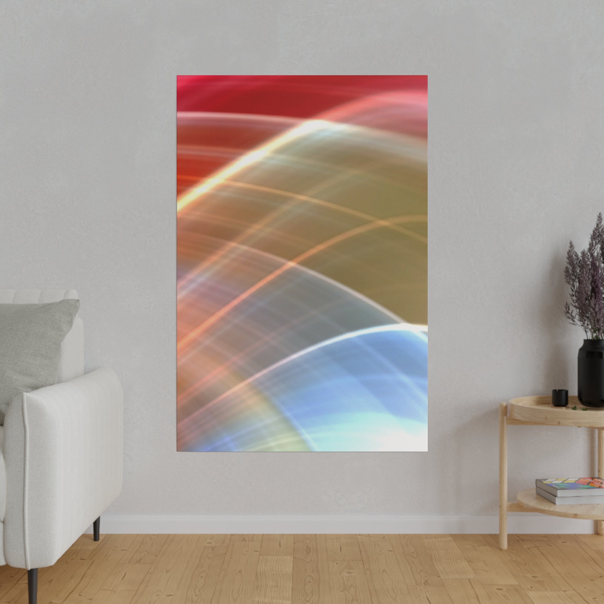 Vertical wall poster with abstract multicolored curved light streaks in red, orange, yellow, green, and blue.