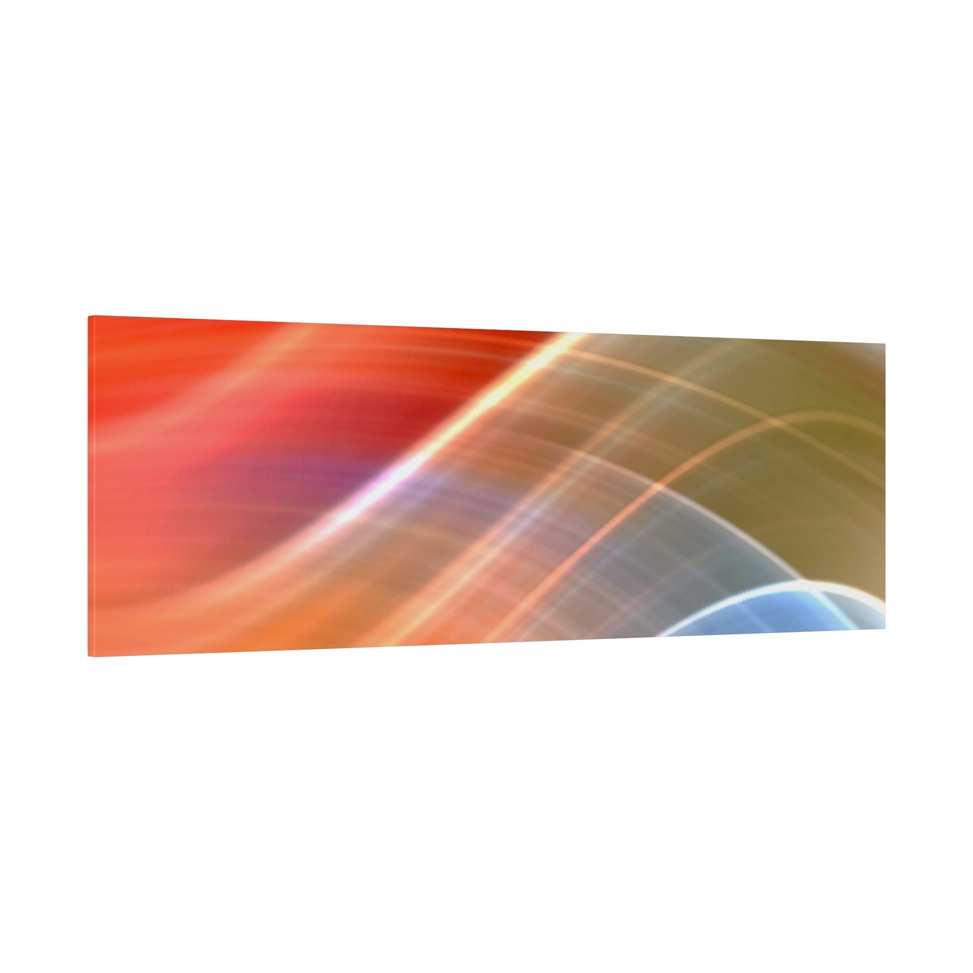 Rectangular abstract art print featuring a red-to-orange gradient with white curved light streaks and blue accents.