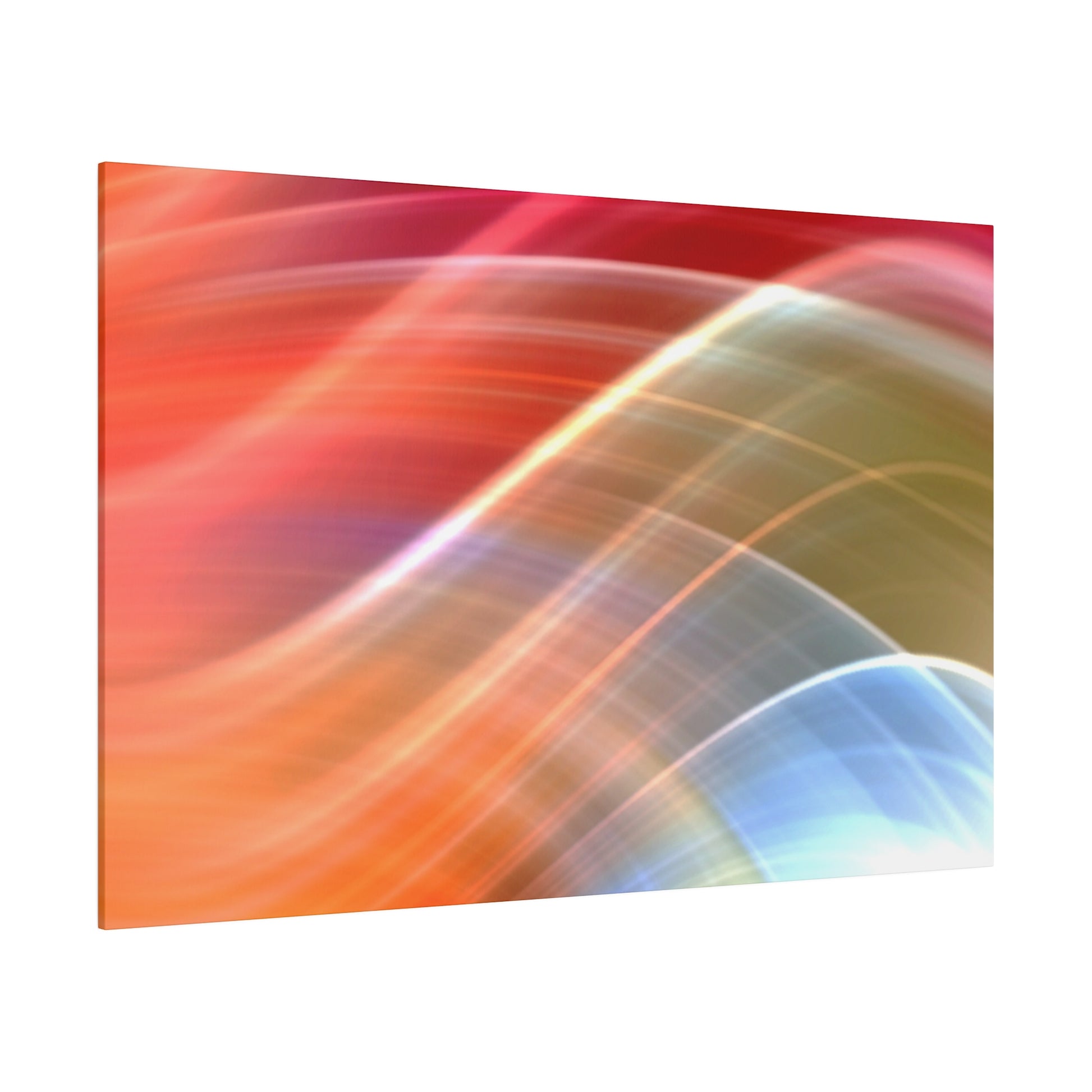 Abstract canvas print featuring diagonal, curved light streaks in red, orange, yellow, and blue.