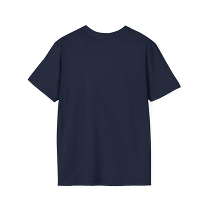 Back view of a plain navy blue short-sleeve T-shirt made of smooth fabric.