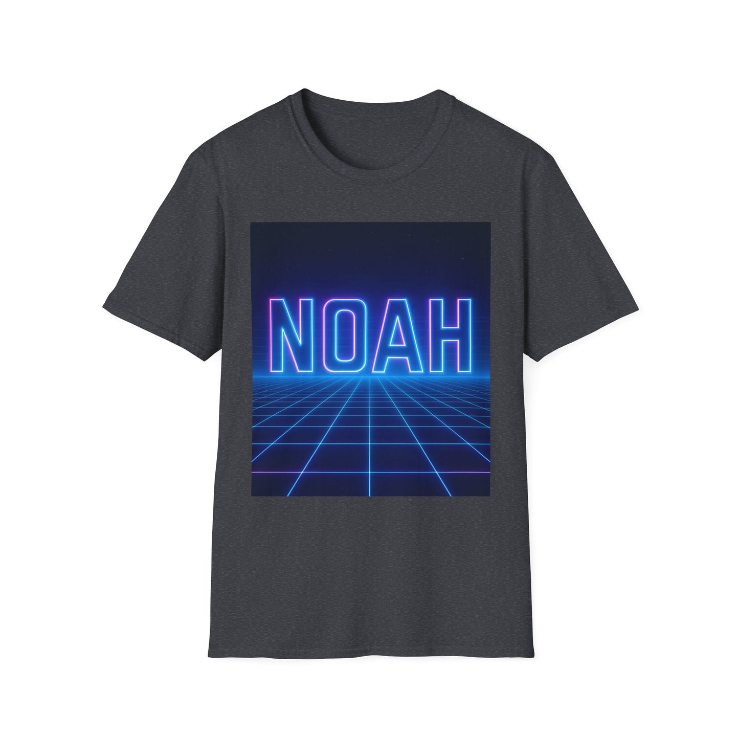 Dark gray short-sleeve T-shirt with a neon blue "NOAH" graphic over a retro grid background.