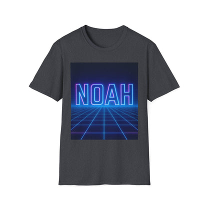 Dark gray short-sleeve T-shirt with a neon blue "NOAH" graphic over a retro grid background.