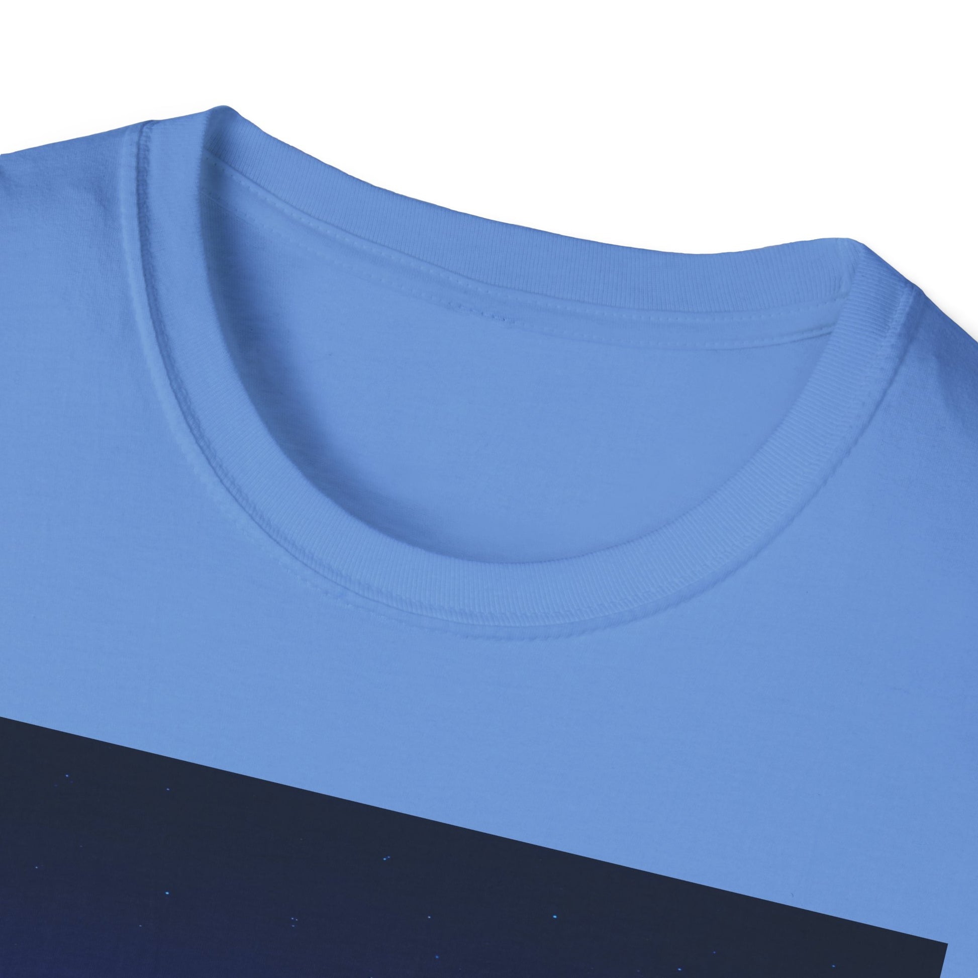 Close-up of a light blue cotton T-shirt neckline with a dark blue diagonal band across the chest.