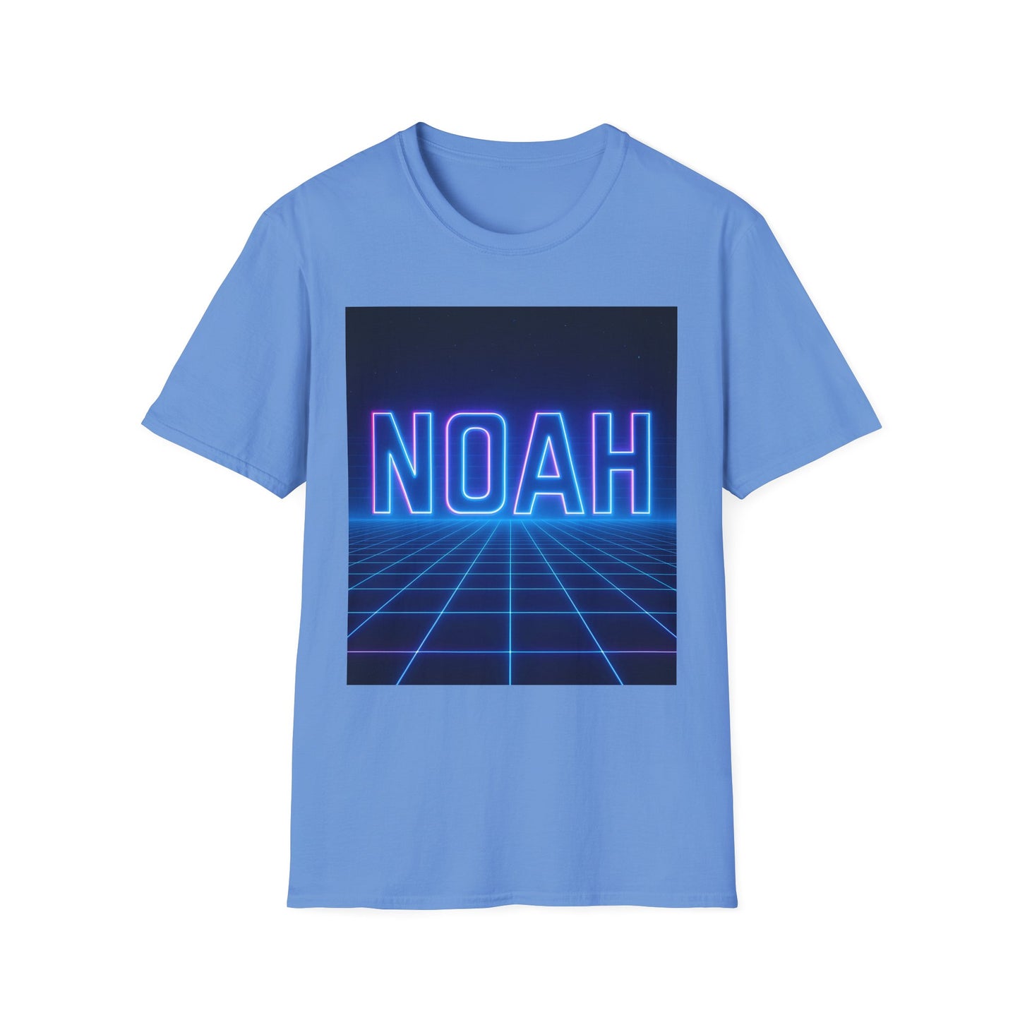 Light blue t-shirt with a neon blue-pink "NOAH" graphic over a retro grid background.