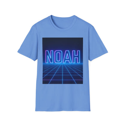 Light blue t-shirt with a neon blue-pink "NOAH" graphic over a retro grid background.