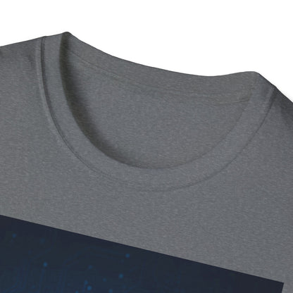 Close-up of a light heather gray crewneck T-shirt fabric, showing the rounded neckline and soft knit texture.