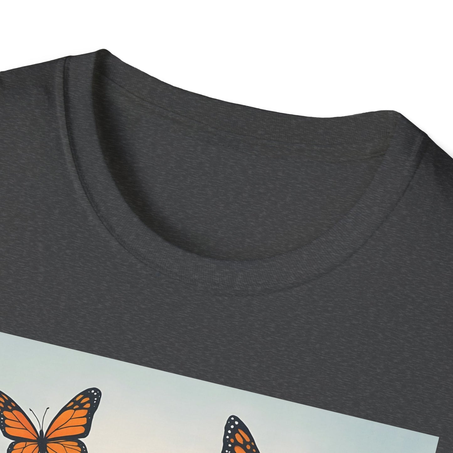 Dark gray crew neck T-shirt with visible heathered texture; bottom edge shows a butterfly illustration.