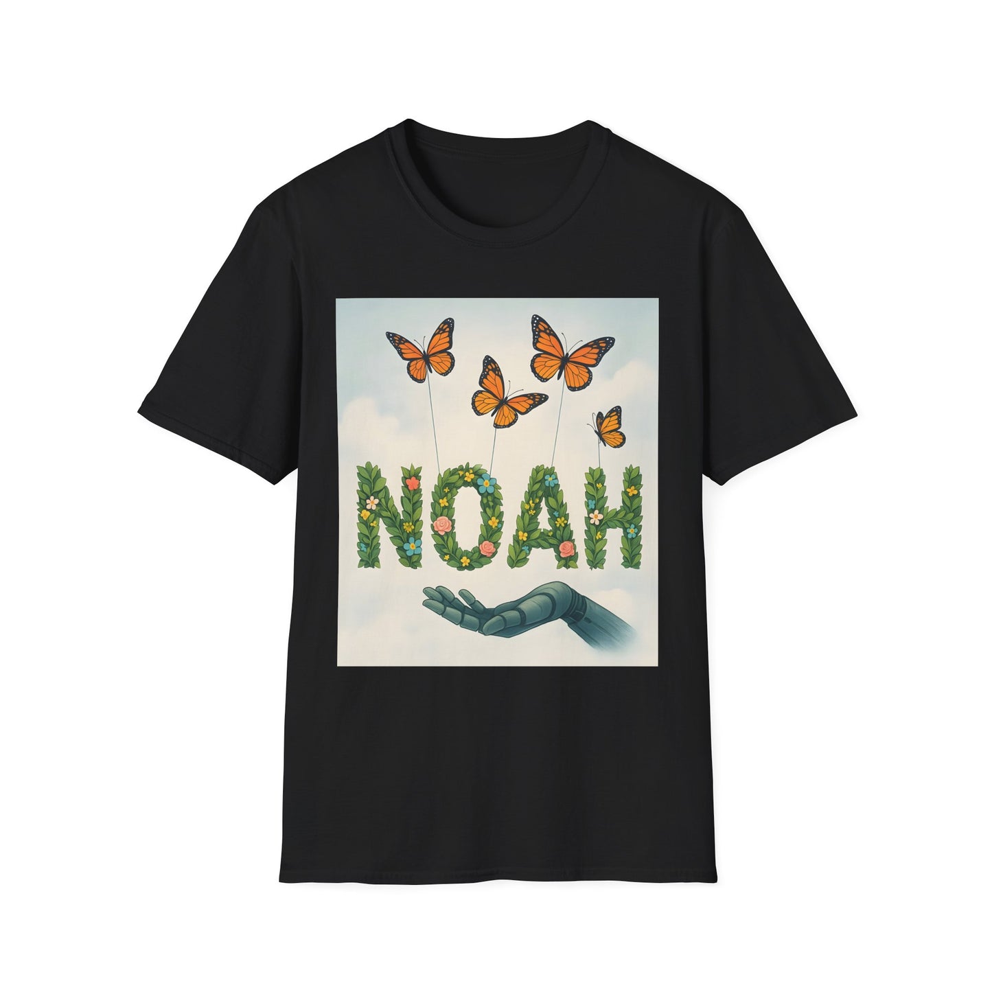 Black T-shirt with a rectangular graphic showing green leafy NOAH letters, orange butterflies above, and a blue robotic hand below.
