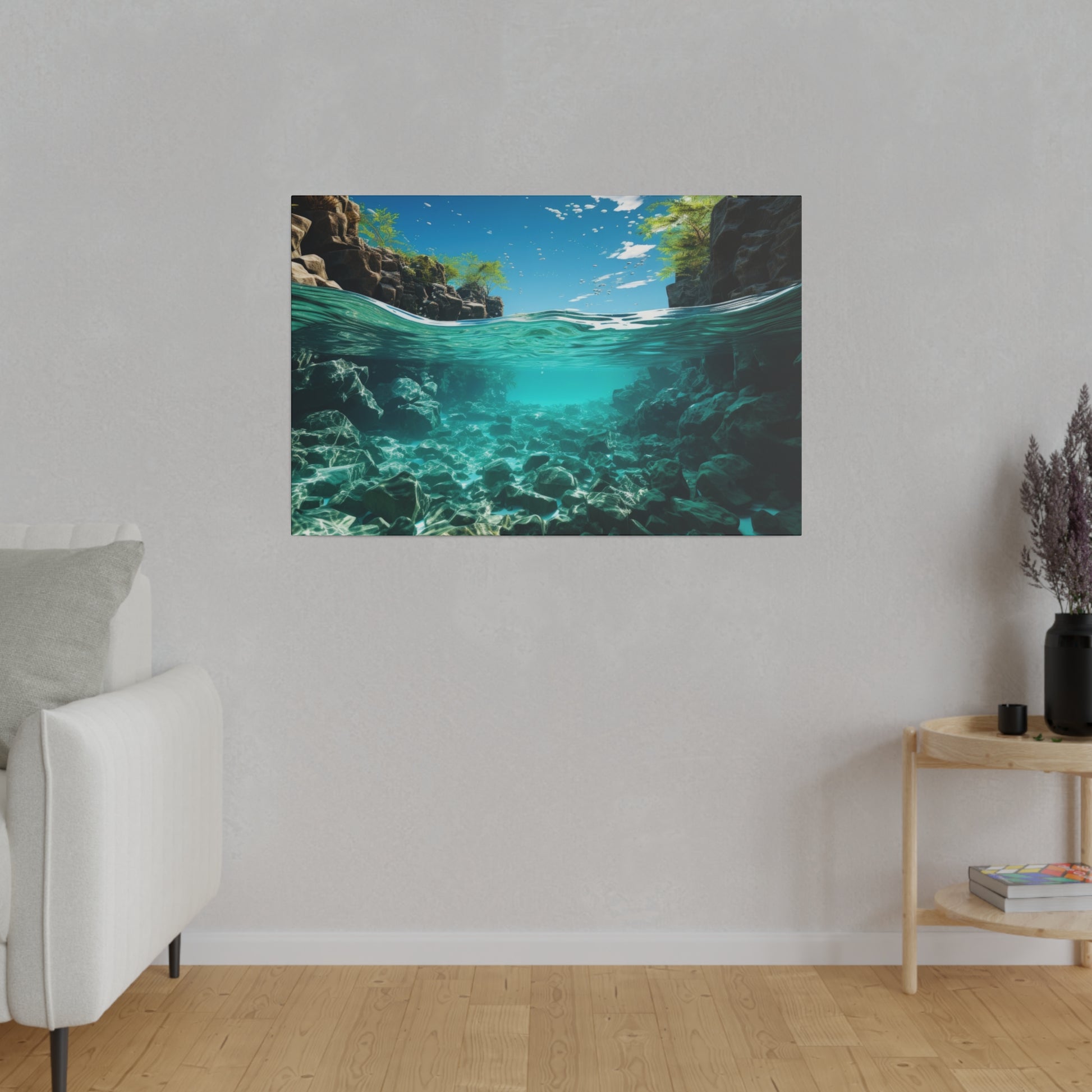 An underwater view of a rocky river, with clear water revealing the rocks and plants beneath the surface. The scene is tranquil and captivating.