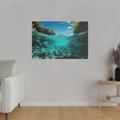 A wall art print depicting an underwater canyon with turquoise water, submerged rocks, and sunlight filtering through from above.