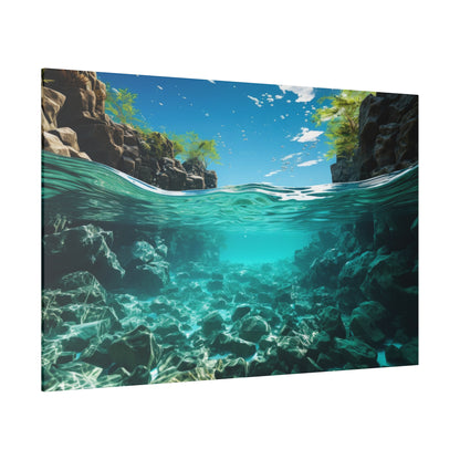 Underwater scene of turquoise water and rocky seabed below, with rugged cliffs and green trees above under a bright blue sky.